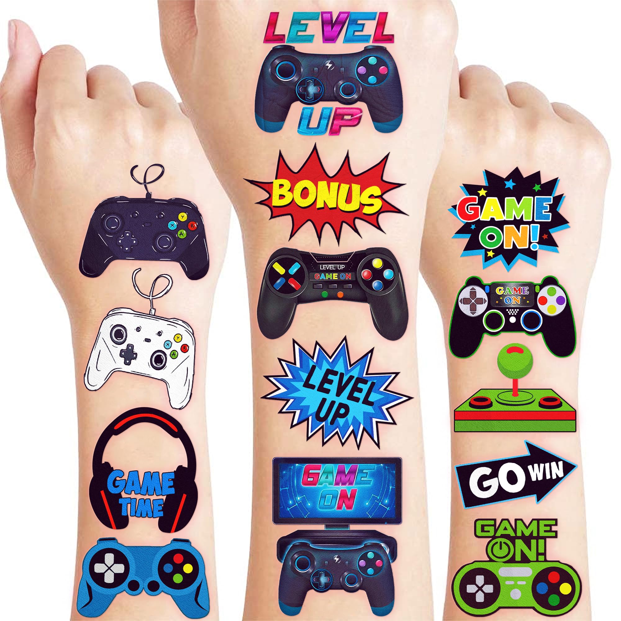 Tatuajes temporales de videojuegos de Frawharmone en cinco láminas, ideales para fiestas infantiles.