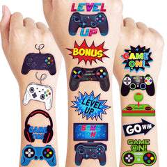 Tatuajes temporales de videojuegos de Frawharmone en cinco láminas, ideales para fiestas infantiles.
