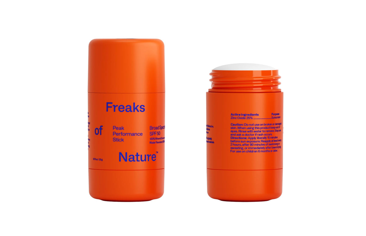 Freaks of Nature Peak Performance Sun Stick bottle shown, mineral sunscreen for everyday protection