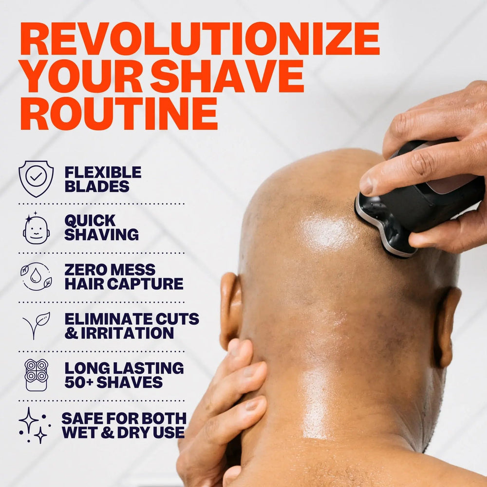 Freebird FlexSeries Pro head shaver close-up shows precision blades for grooming.