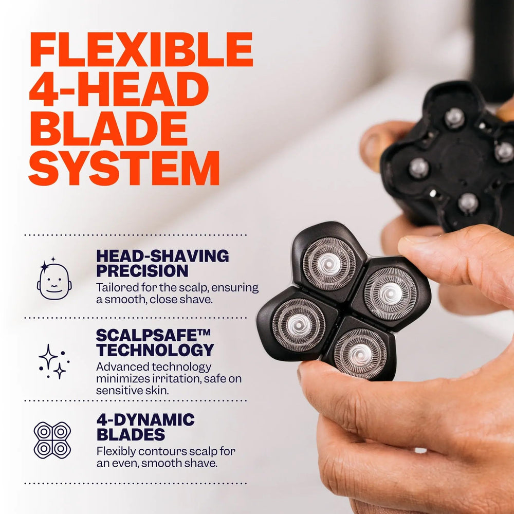 Freebird head shaver in use on scalp with a smooth finish.