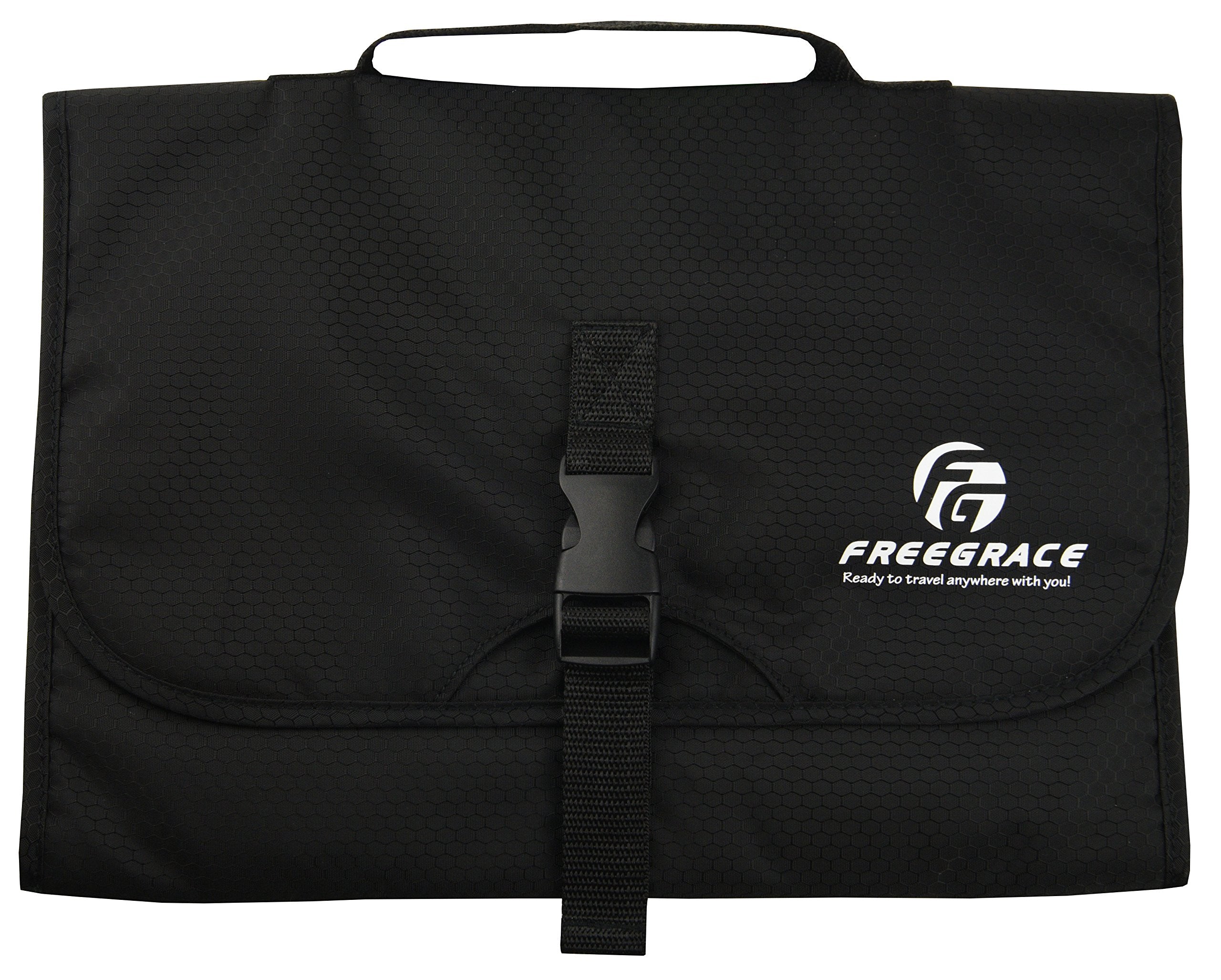 Freegrace premium hanging toiletry bag open compartments highlighting easy access on the go.