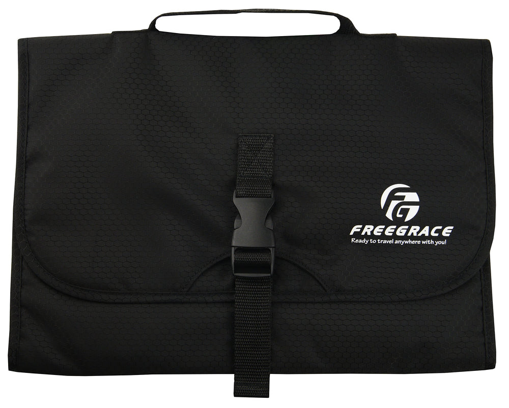 Freegrace premium hanging toiletry bag open compartments highlighting easy access on the go.