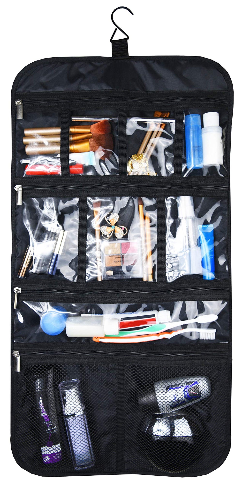 Freegrace premium hanging toiletry bag side pocket closeup showing durable mesh storage.