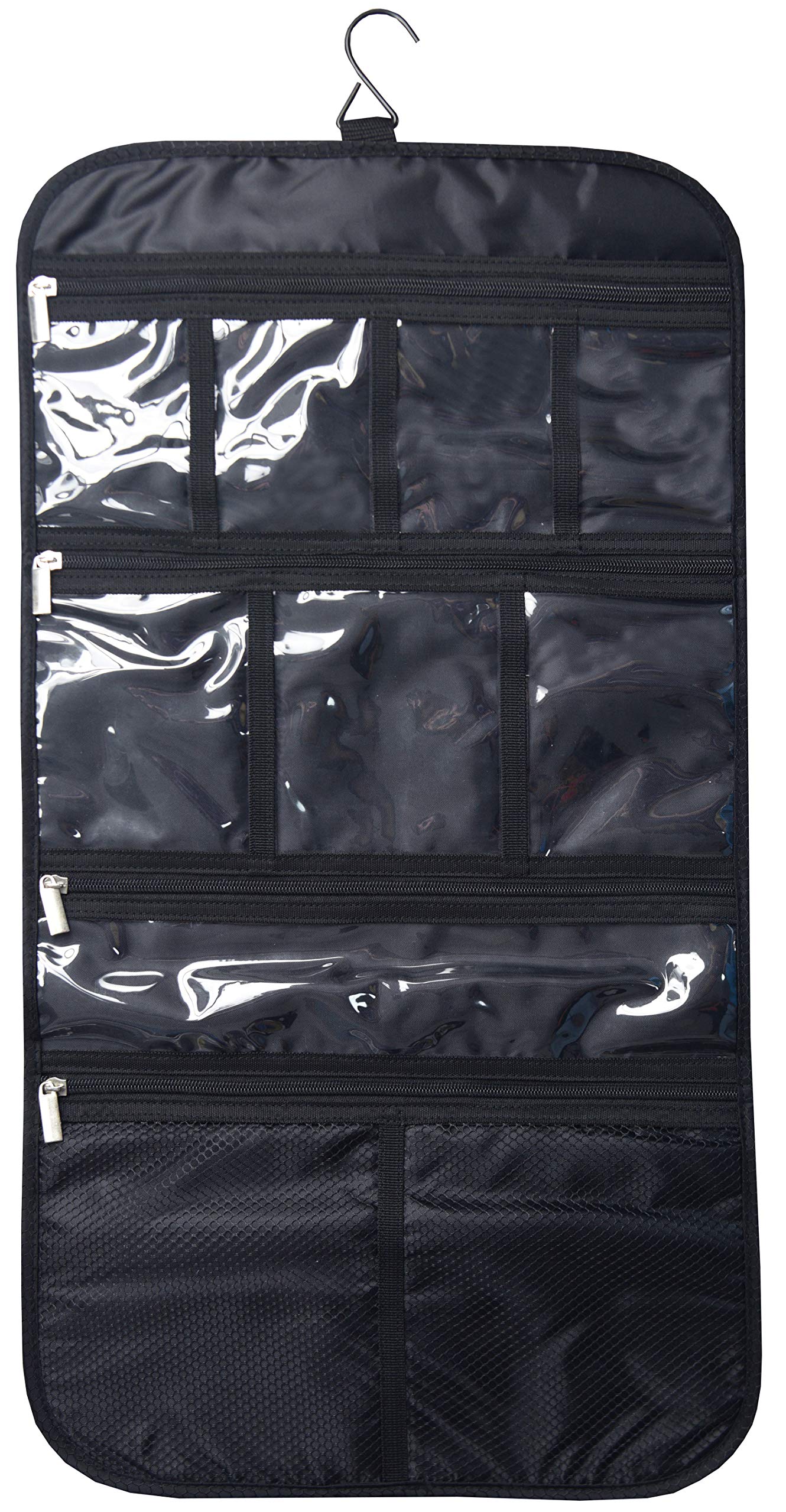 Freegrace premium hanging toiletry bag top view showcasing organized pockets for travel.