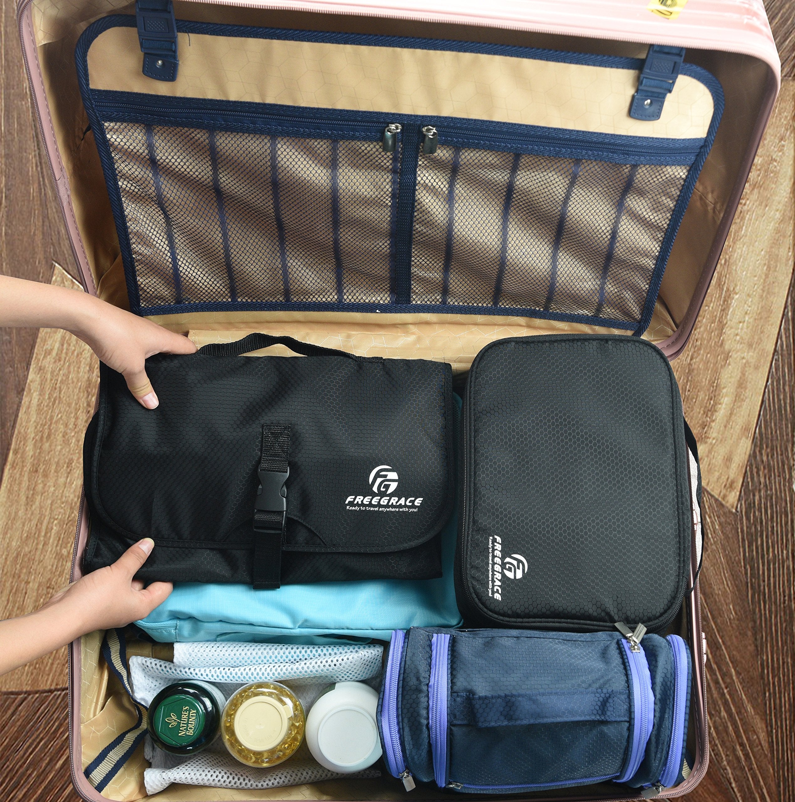 Freegrace premium hanging toiletry bag travel organization in small spaces.
