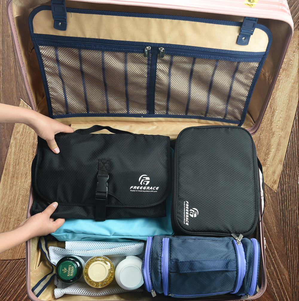 Freegrace premium hanging toiletry bag travel organization in small spaces.