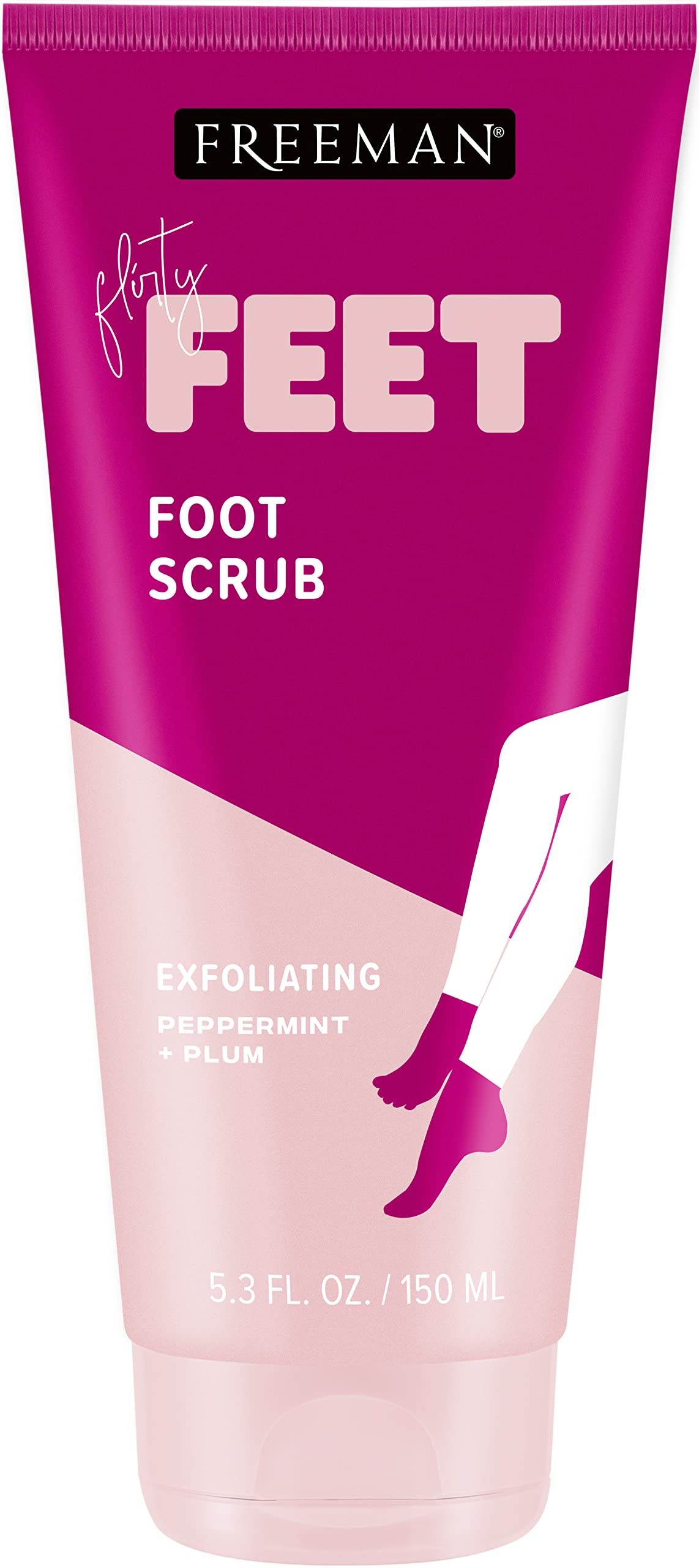 Freeman Bare Foot Scrub bottle shows soothing peppermint and plum formula.