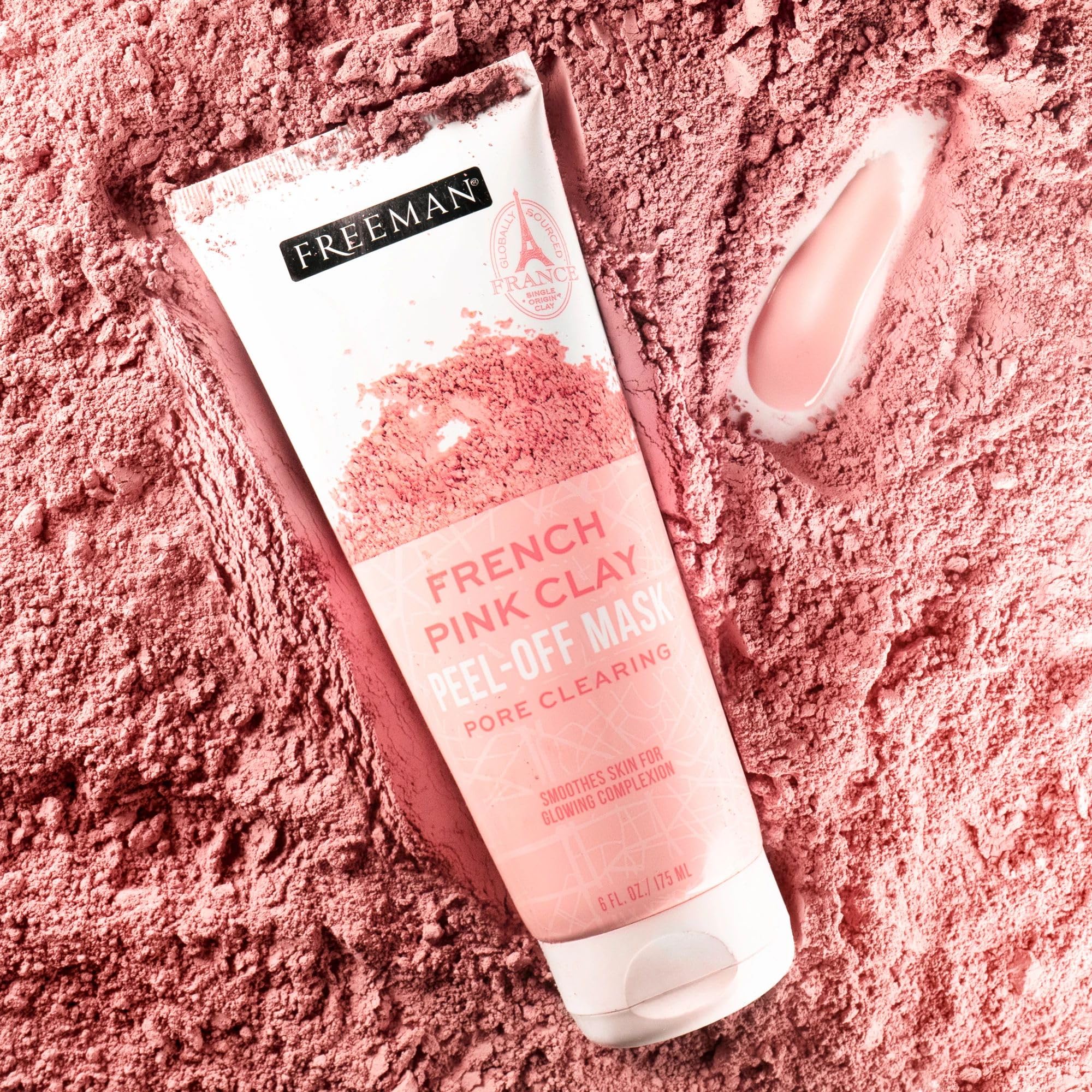 Mask texture and pink hue highlight natural ingredients and care.