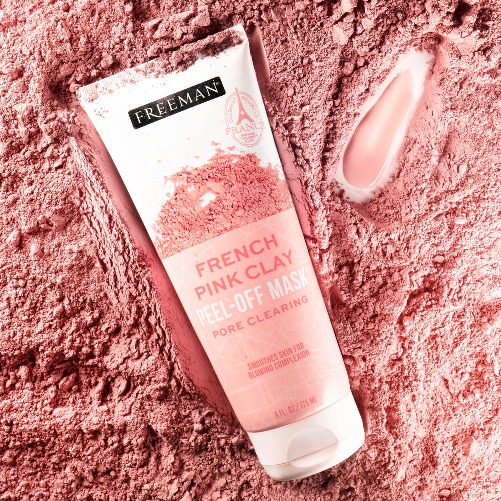 Mask texture and pink hue highlight natural ingredients and care.