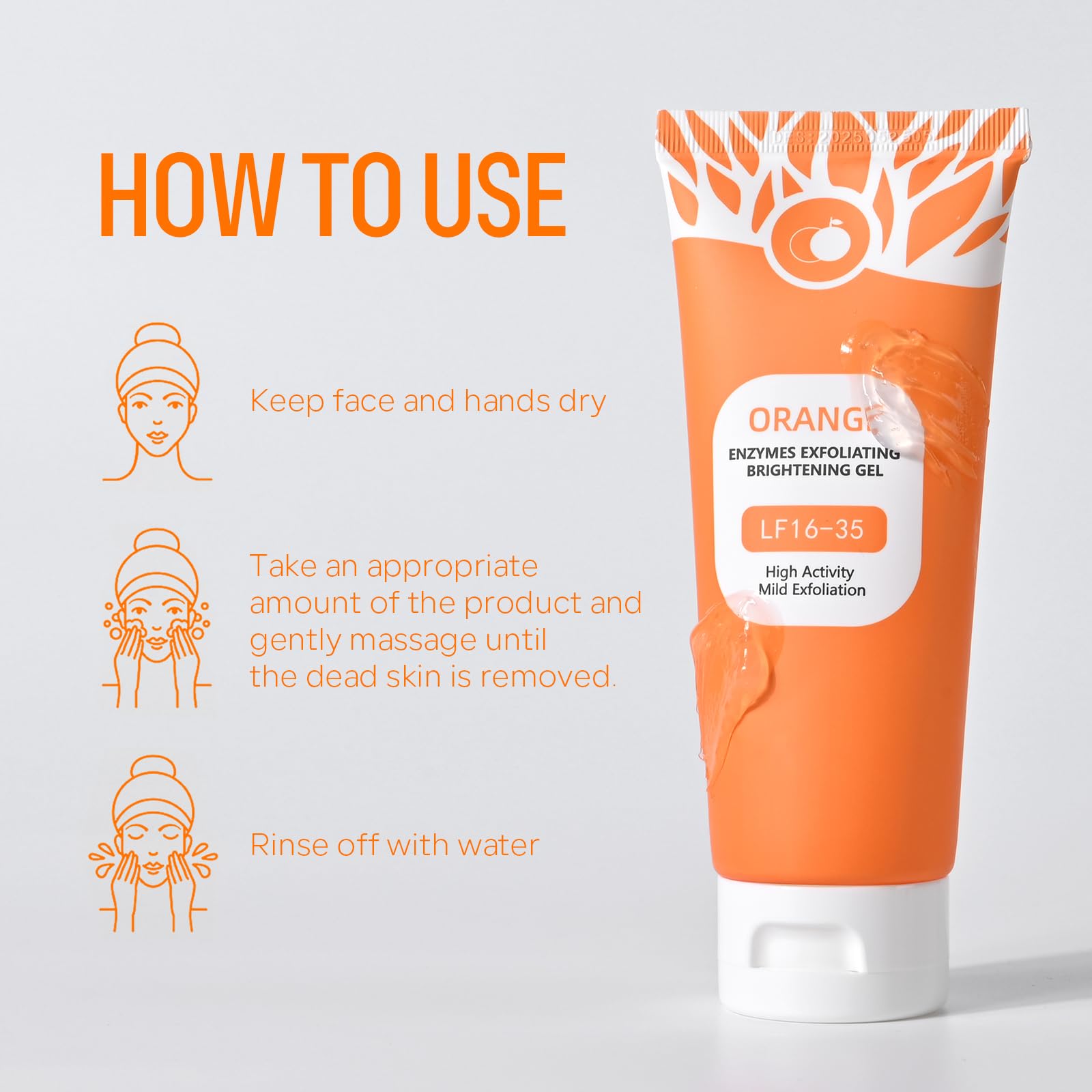 Freeorr gel exfoliante naranja, textura suave ideal para piel sensible.