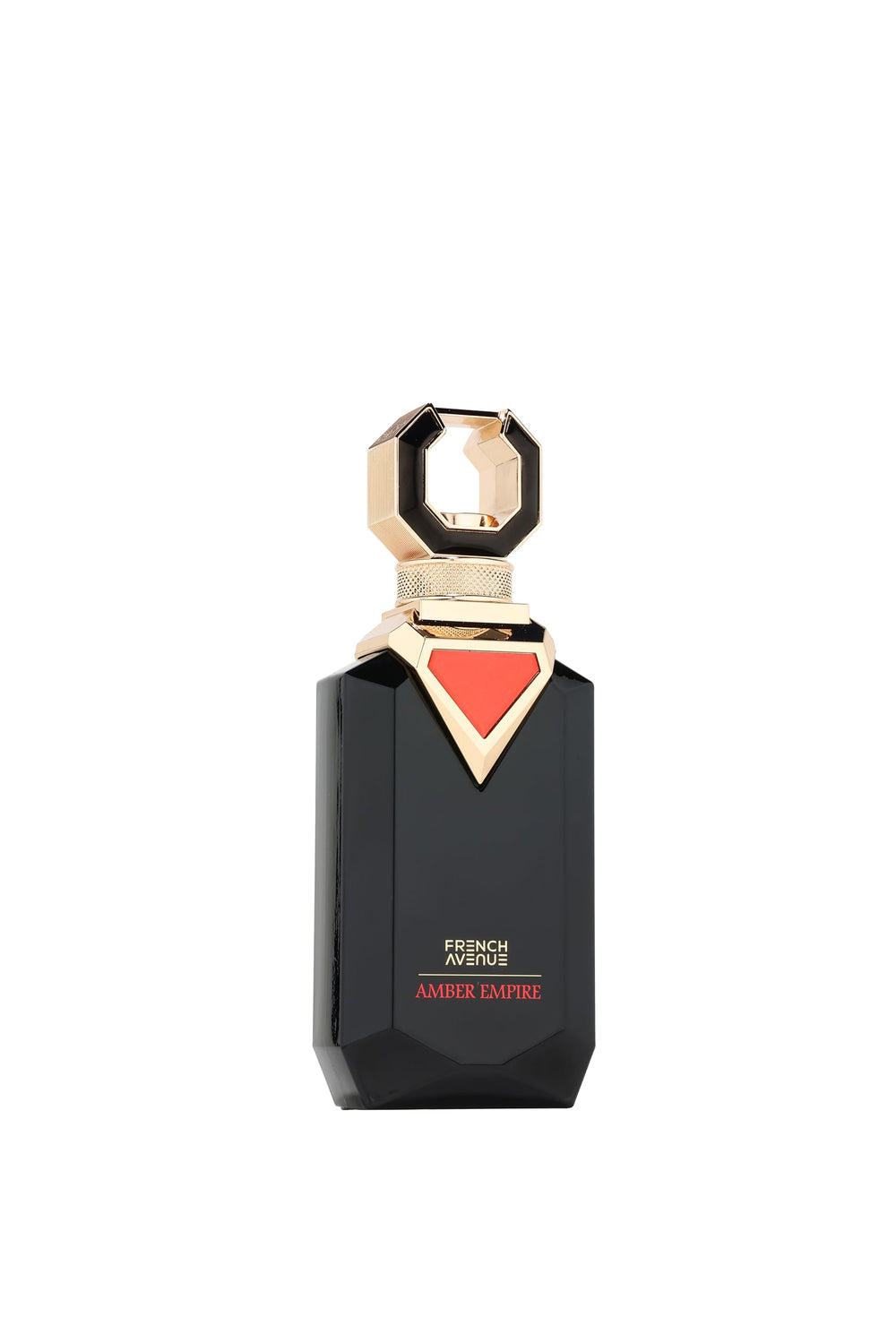 French Avenue Amber Empire EDP bottle cap detail showcases geometric design.