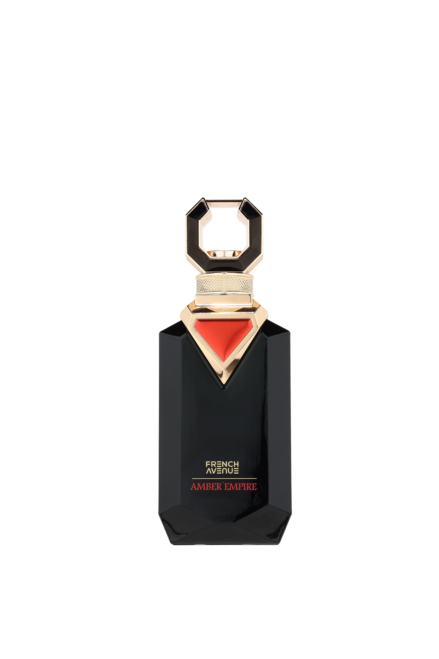 French Avenue Amber Empire EDP bottle in front view with elegant glass.
