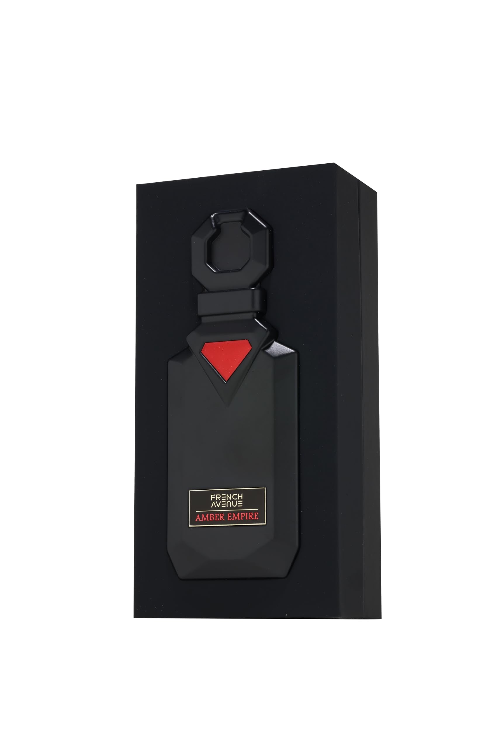 French Avenue Amber Empire EDP emblem closeup emphasizes red triangle and gold accents.