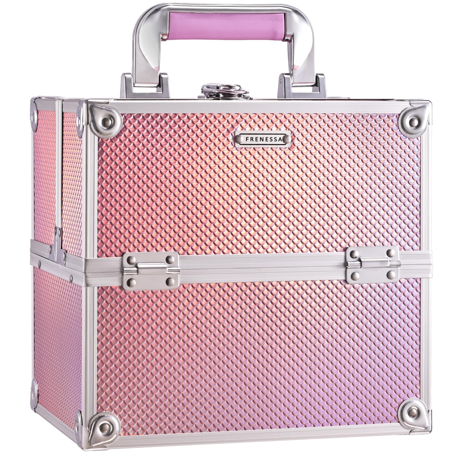 FRENESSA Mermaid Pink makeup case with open trays for easy access to cosmetics