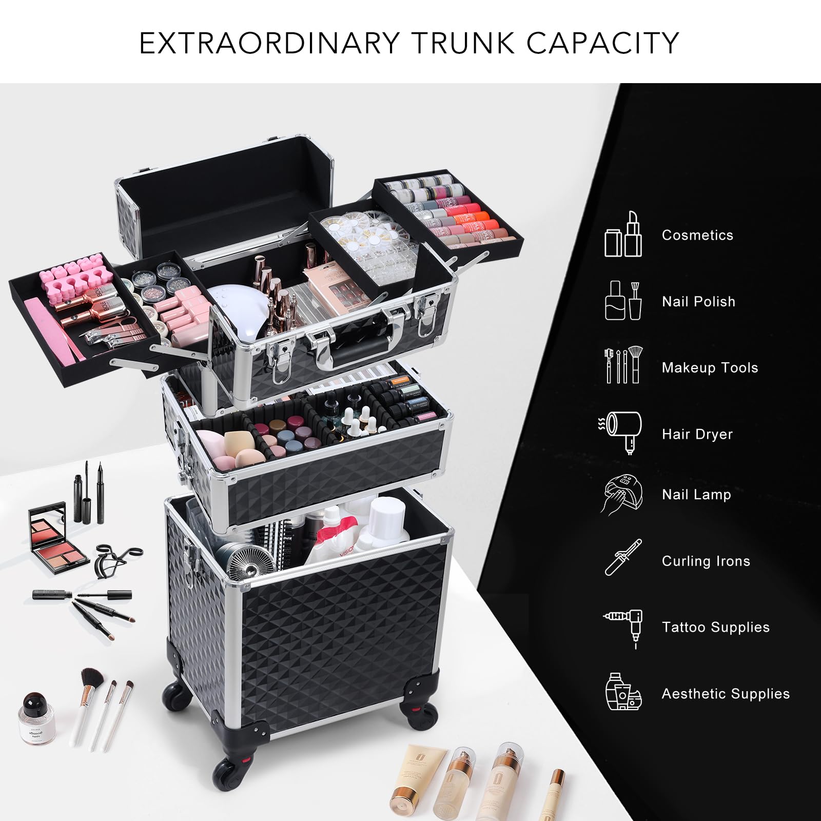 Frenessa rolling makeup case detachable middle section for flexible workspace.