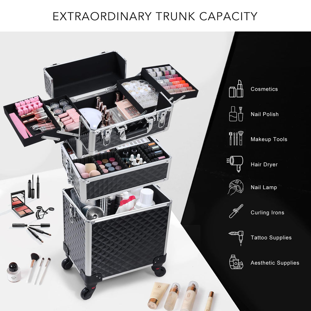 Frenessa rolling makeup case detachable middle section for flexible workspace.