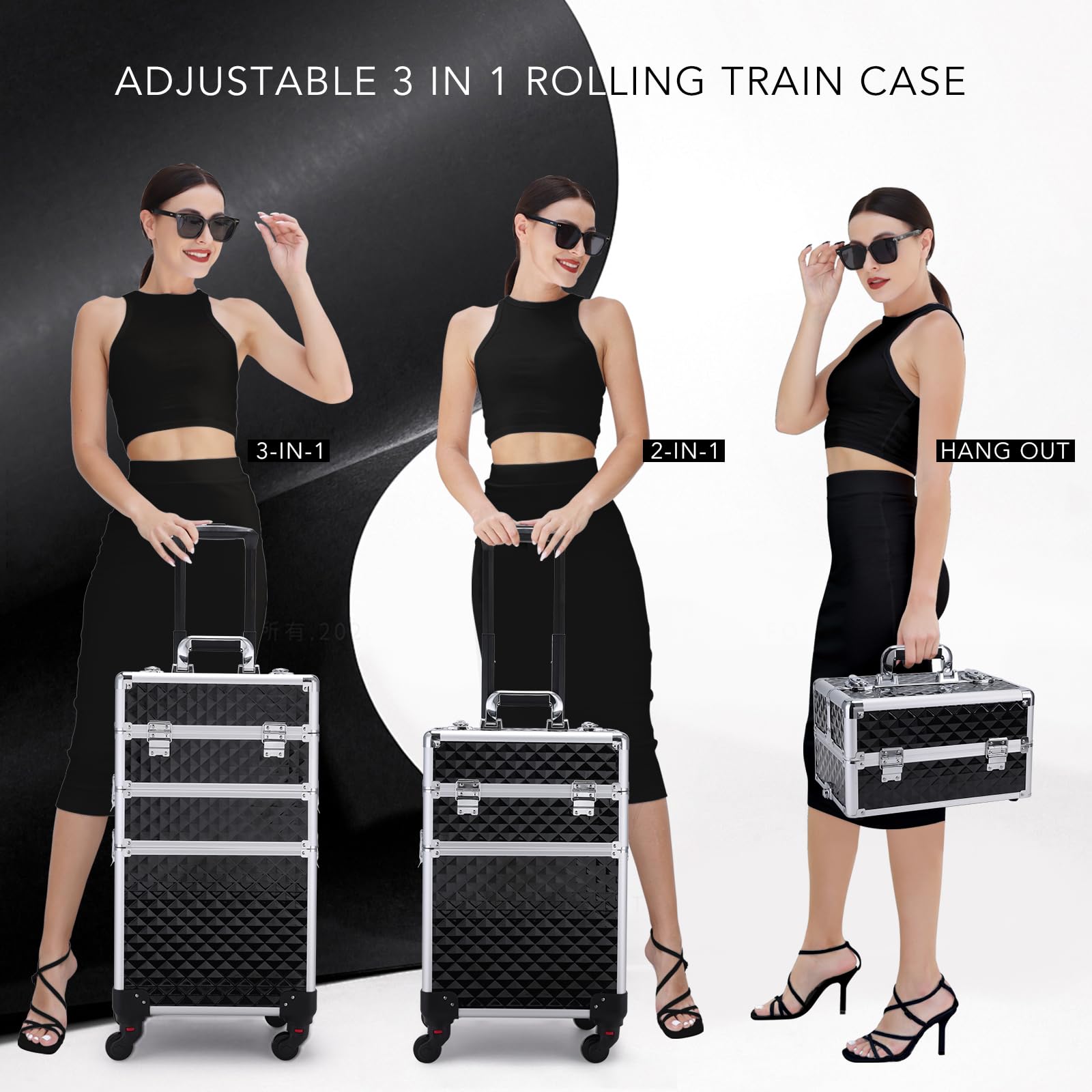 Frenessa rolling makeup case swivel wheels enable smooth, quiet transport.