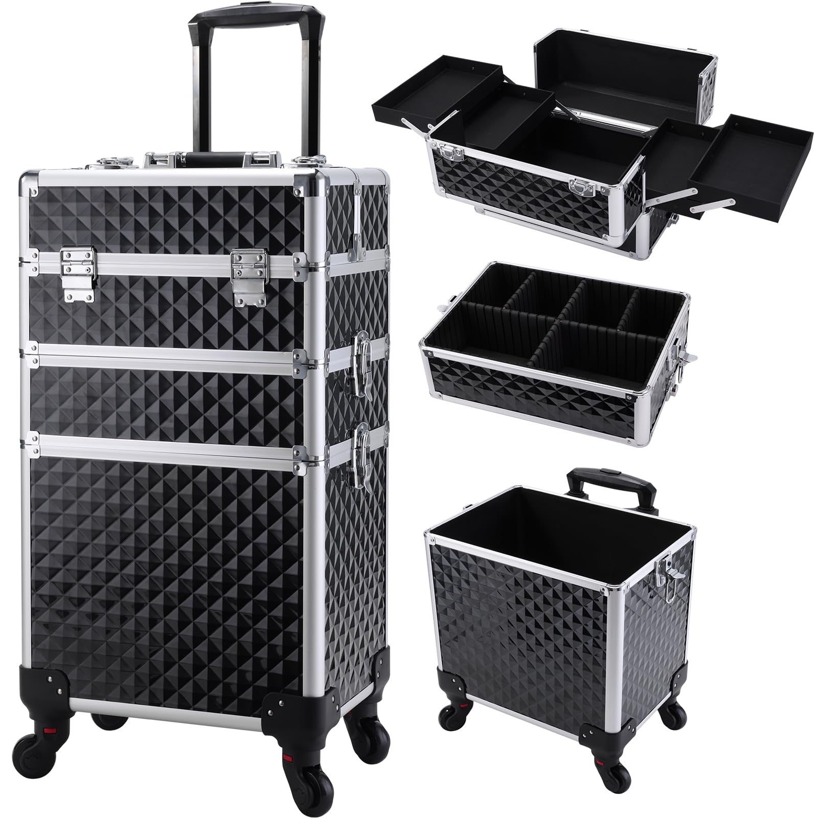 Frenessa rolling makeup case top compartment for easy access to small cosmetics.