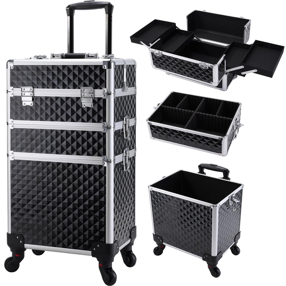 Frenessa rolling makeup case top compartment for easy access to small cosmetics.