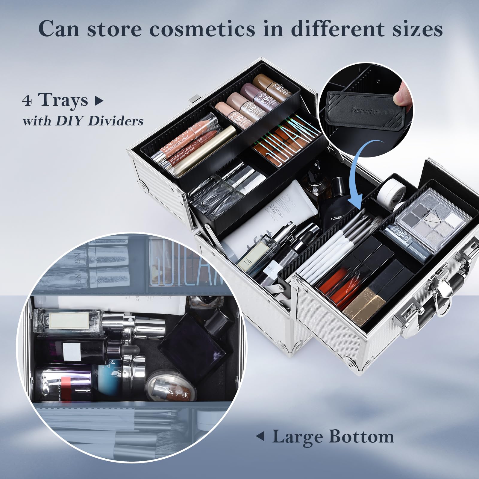 FRENESSA train case with extended four-tier trays for easy access.