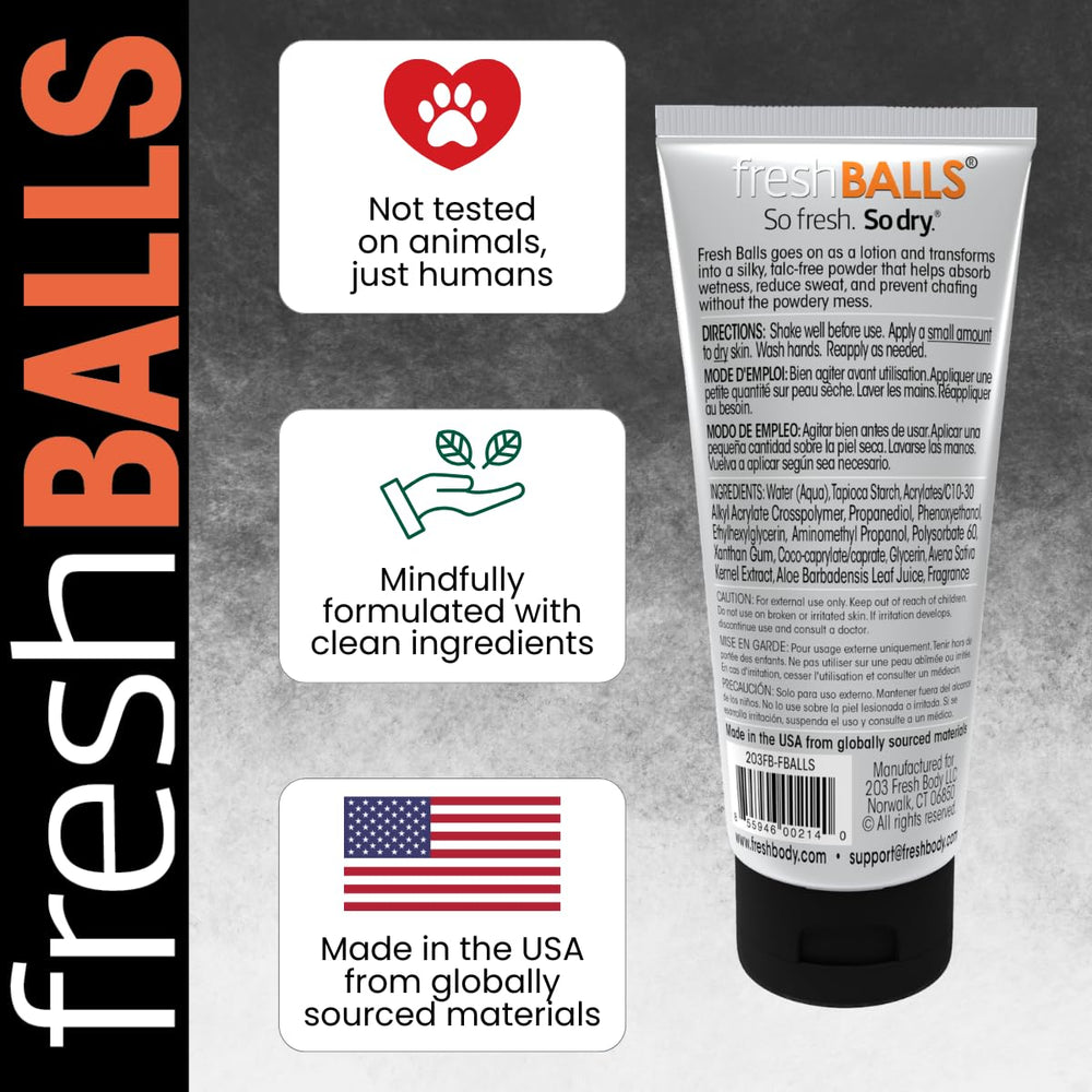 Fresh BALLS Lotion application close-up demonstrates fast drying and comfortable wear.