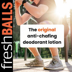 Fresh BALLS Lotion tube close-up dispensing a quick-drying, talc-free finish.