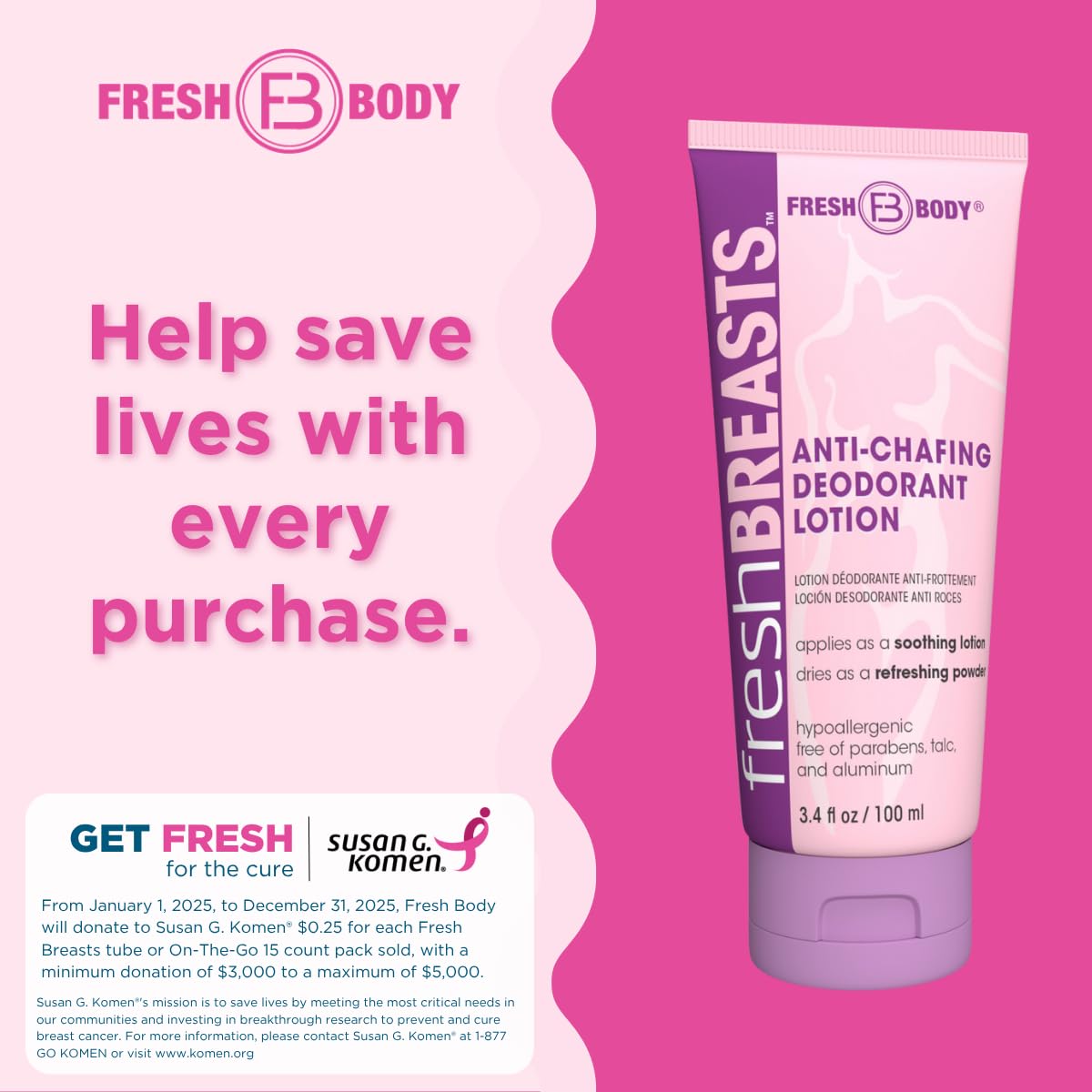 Fórmula sin aluminio ni talco de Fresh Breasts para piel sensible.