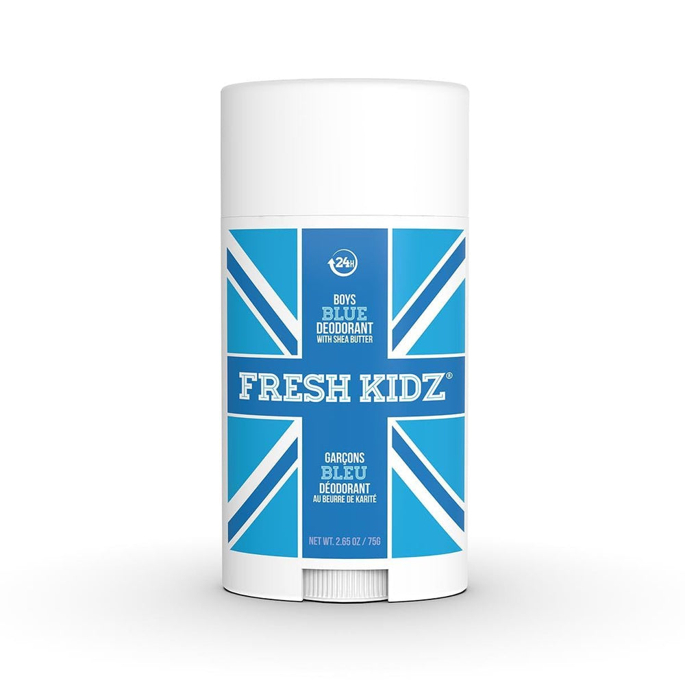 Fresh Kidz desodorante barra azul para niños, aroma fresco y protección duradera.