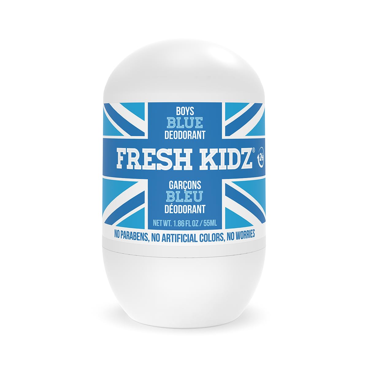 Fresh Kidz roll-on blue bottle delivers 24-hour odor protection for active kids.