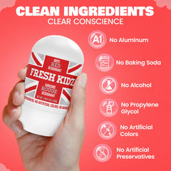 Applying Fresh Kidz roll-on deodorant to underarm for sensitive skin.