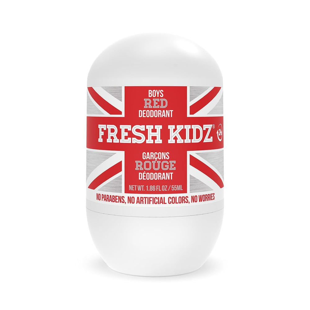 Fresh Kidz Roll-On Deodorant for Boys Red bottle with long-lasting protection.