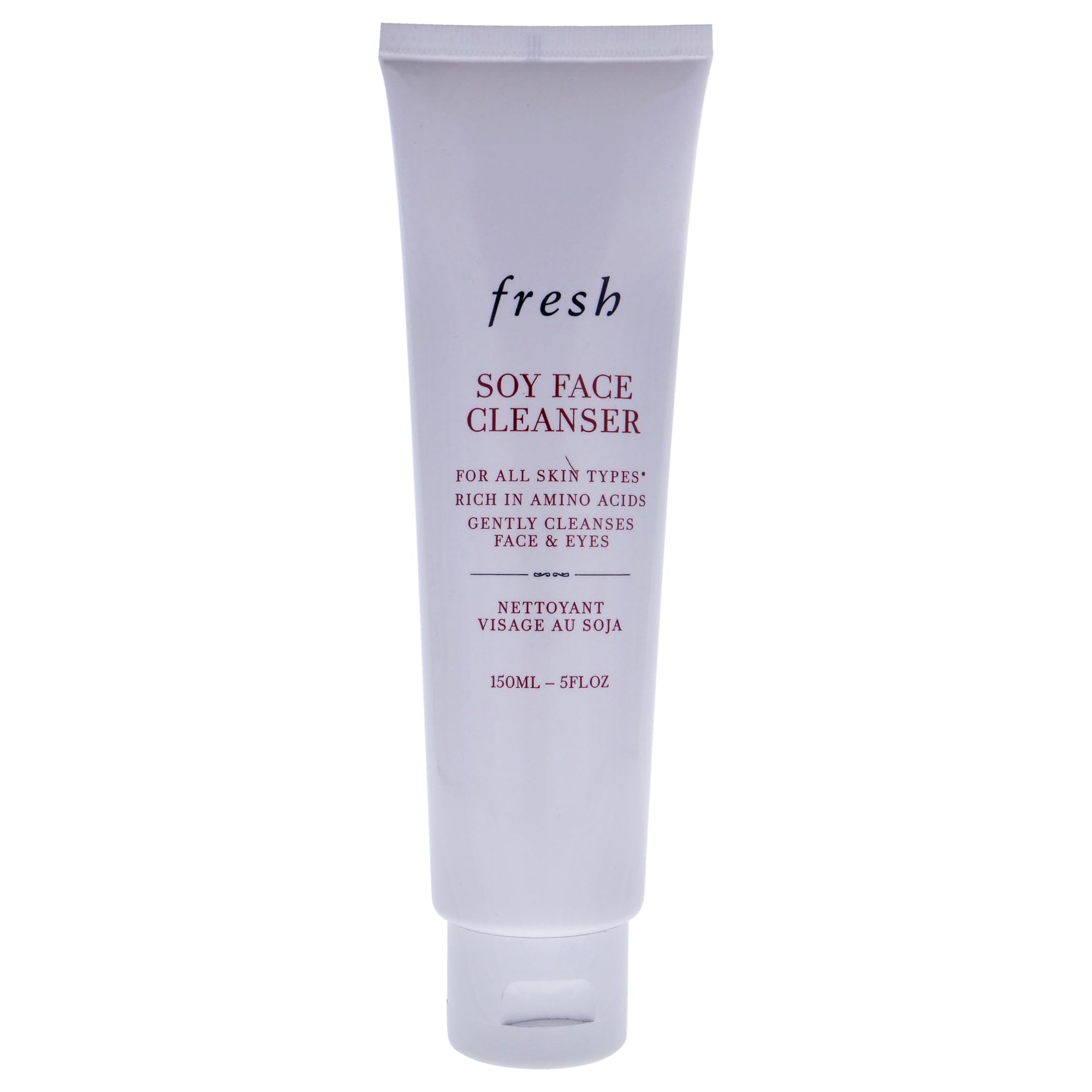 Fresh Soy Face Cleanser bottle pour shows gentle cleansing for all skin types.