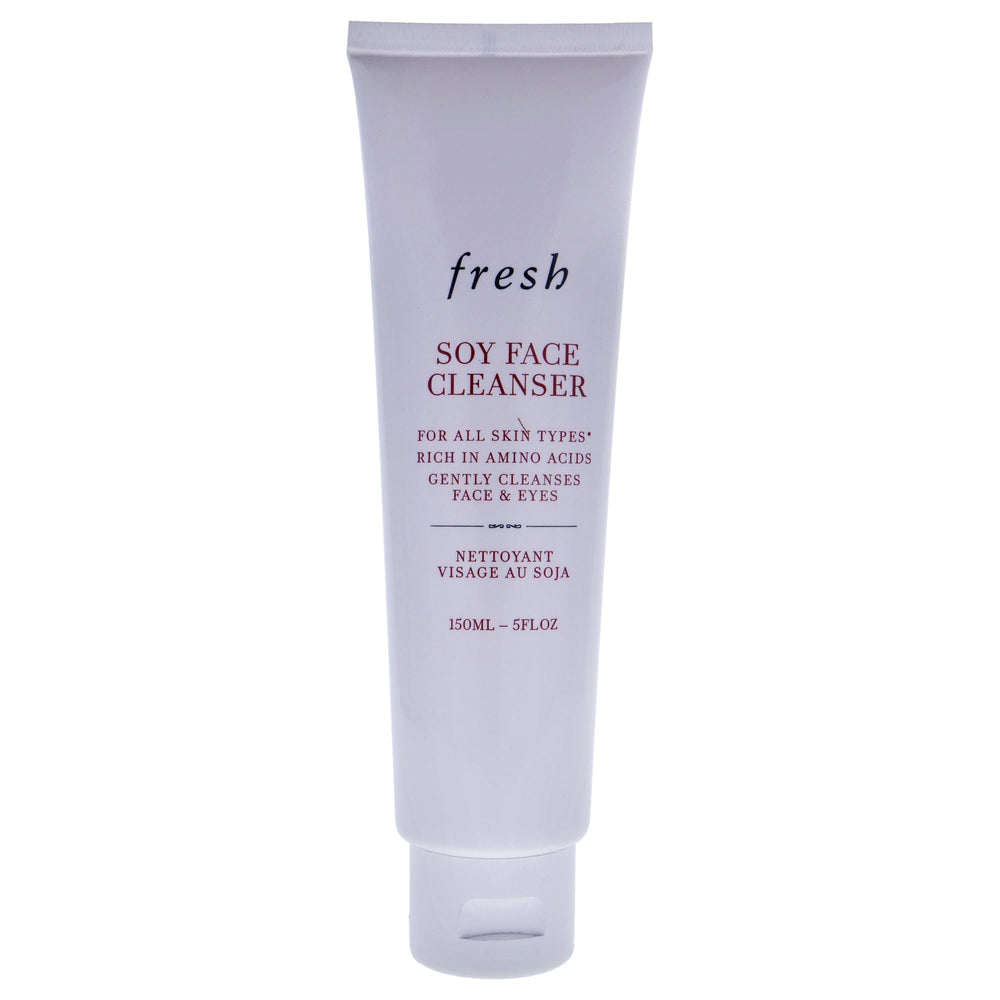 Fresh Soy Face Cleanser bottle pour shows gentle cleansing for all skin types.