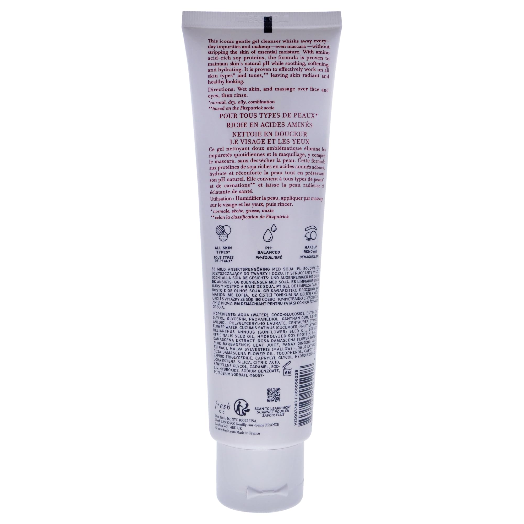 Fresh Soy Face Cleanser packaging closeup highlights soothing daily-use formula.