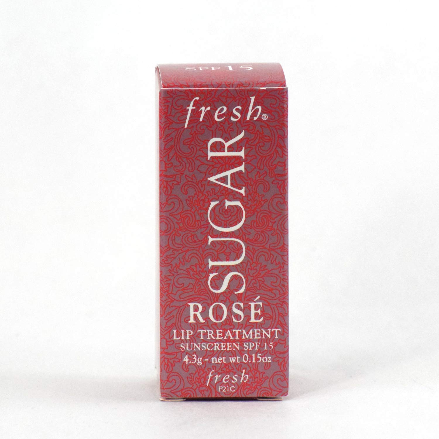 Packaging box highlighting Fresh Sugar Lip Treatment SPF 15 Rose, travel-ready.