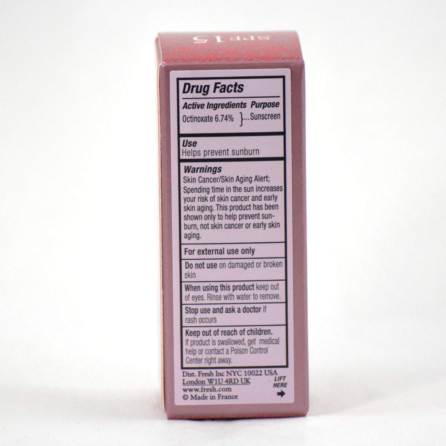 Sun protection icon with Fresh Sugar Lip Treatment Rose emphasizing SPF 15.