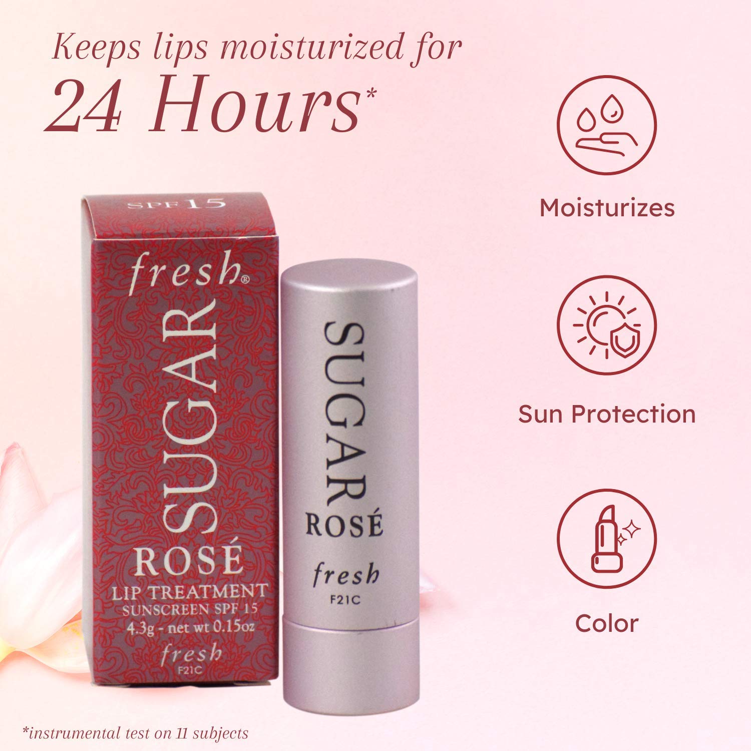 Rose shade swatch on lips with a silky finish from Fresh Sugar Lip Treatment.