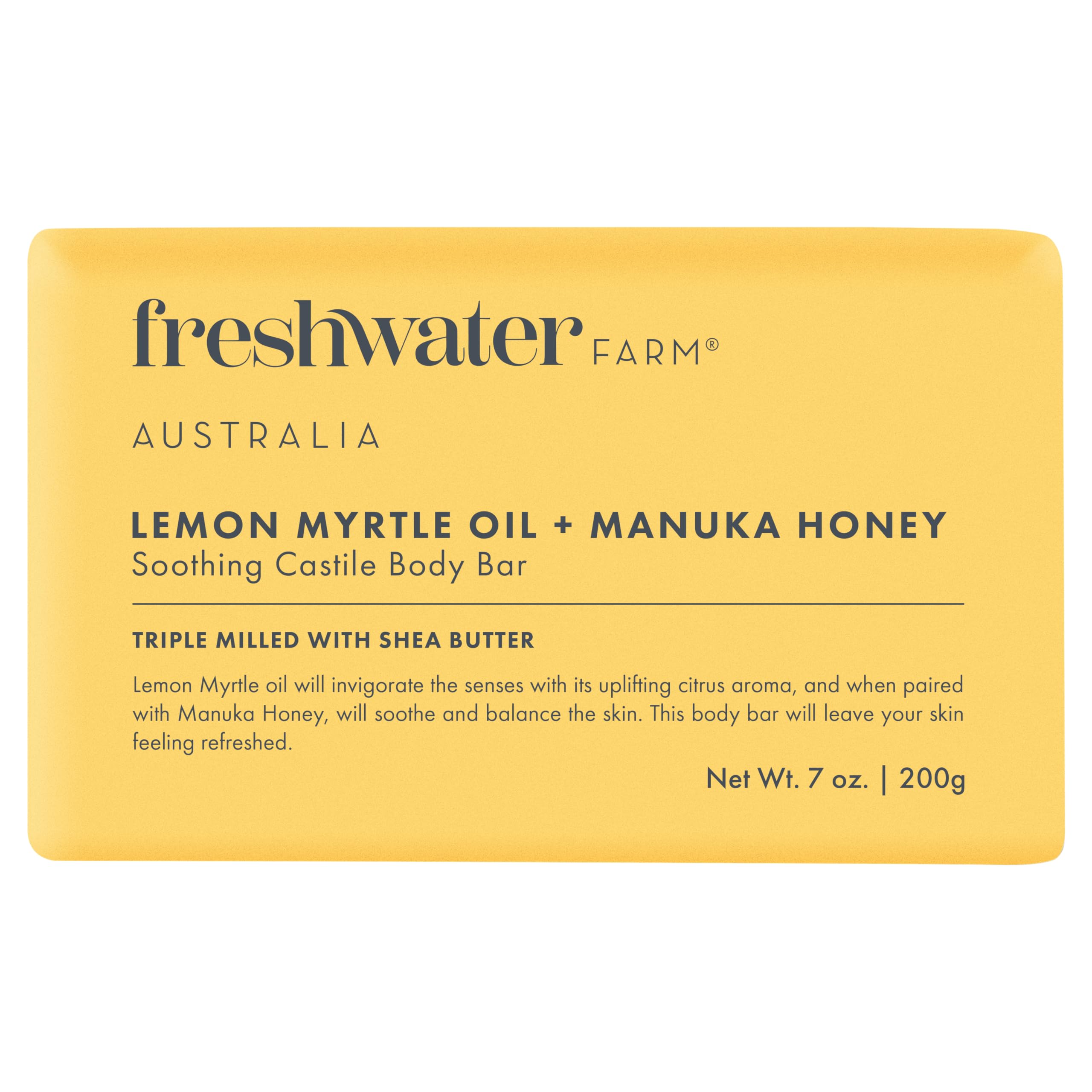 Freshwater Farm Australia barra corporal Lemon Myrtle Oil + Manuka Honey, aroma cítrico para la ducha