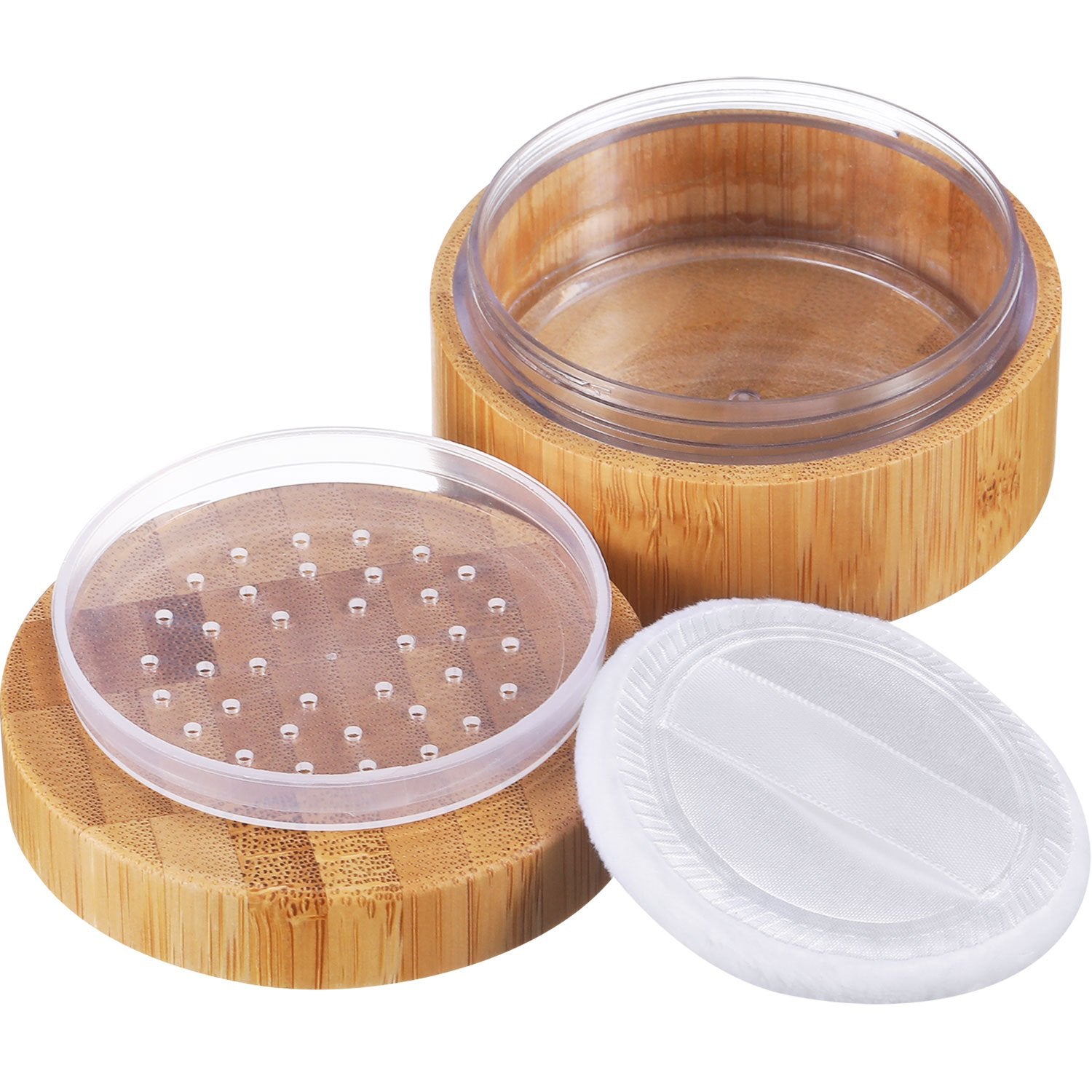 Frienda bamboo loose powder puff jar for on-the-go touch-ups.
