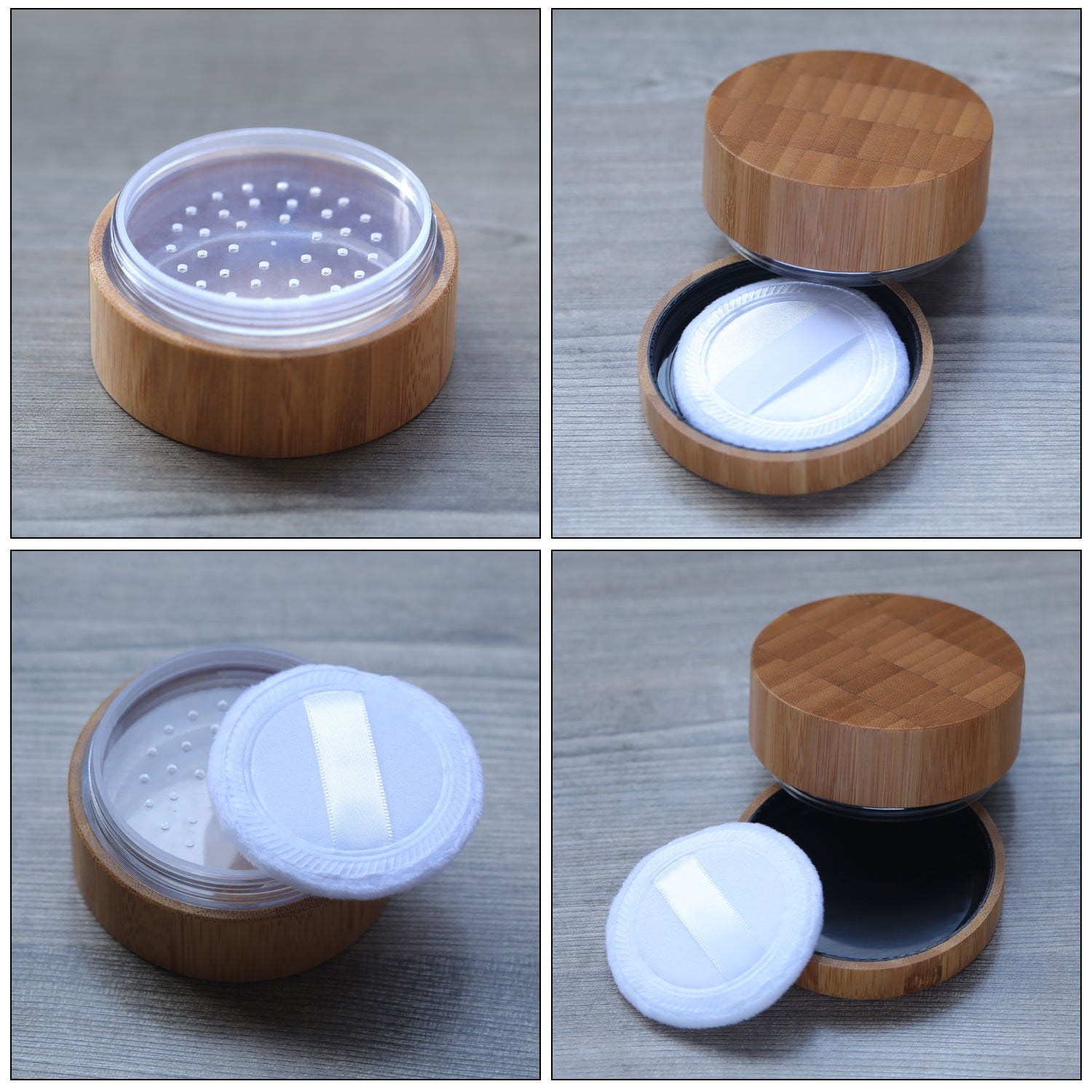 Frienda bamboo empty powder box with textured finish.
