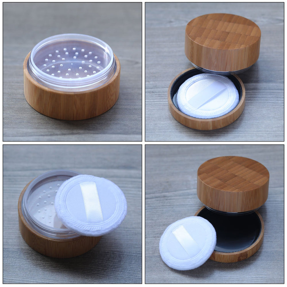 Frienda bamboo empty powder box with textured finish.