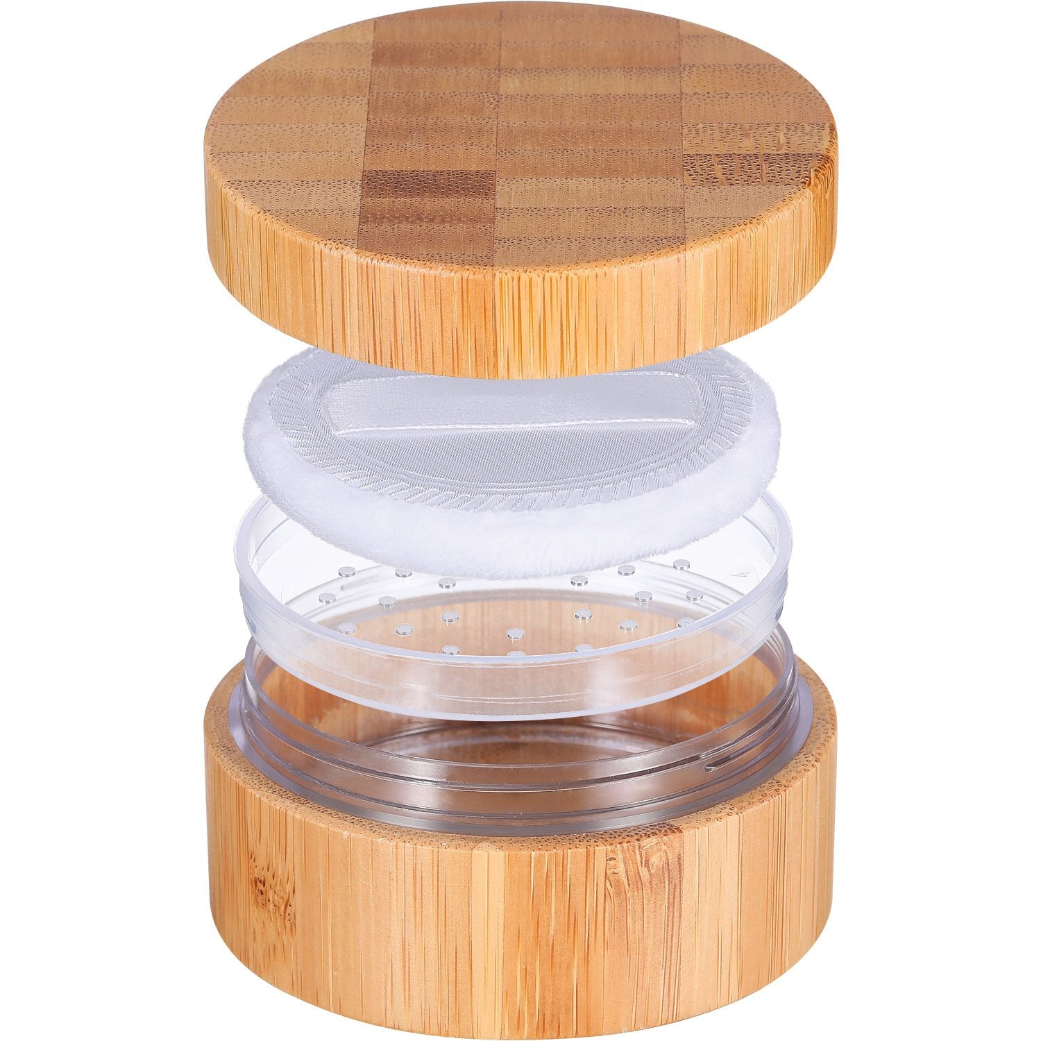 Frienda powder jar with sifter lid keeps powder mess-free.