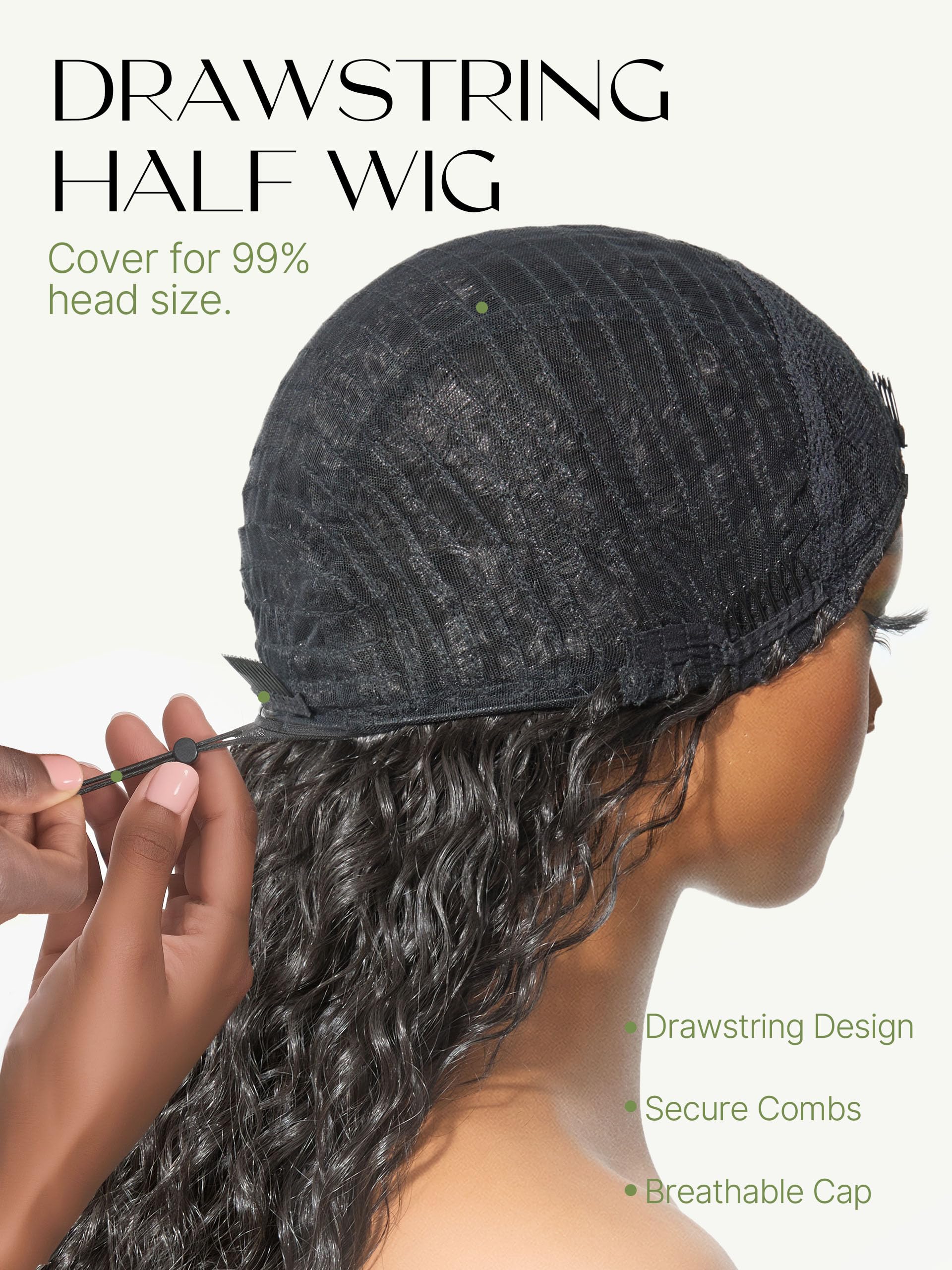Frodio Curly Half Wig highlights drawstring-adjustable cap for personalized fit.