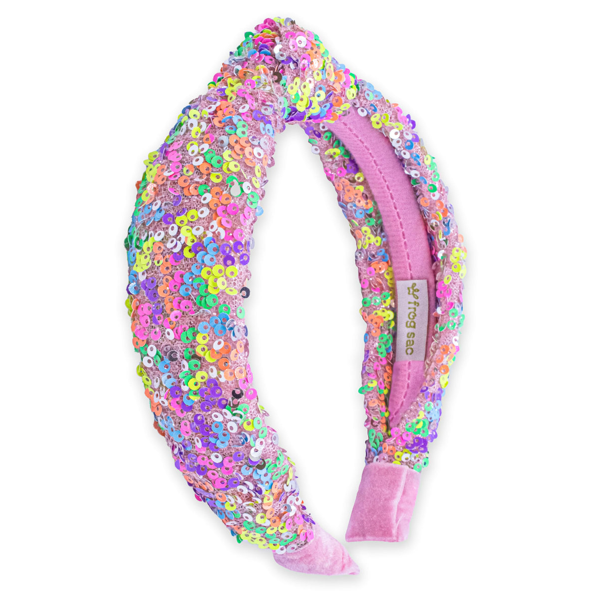 Diadema FROG SAC nudo arcoiris con lentejuelas rosa para estilos brillantes.