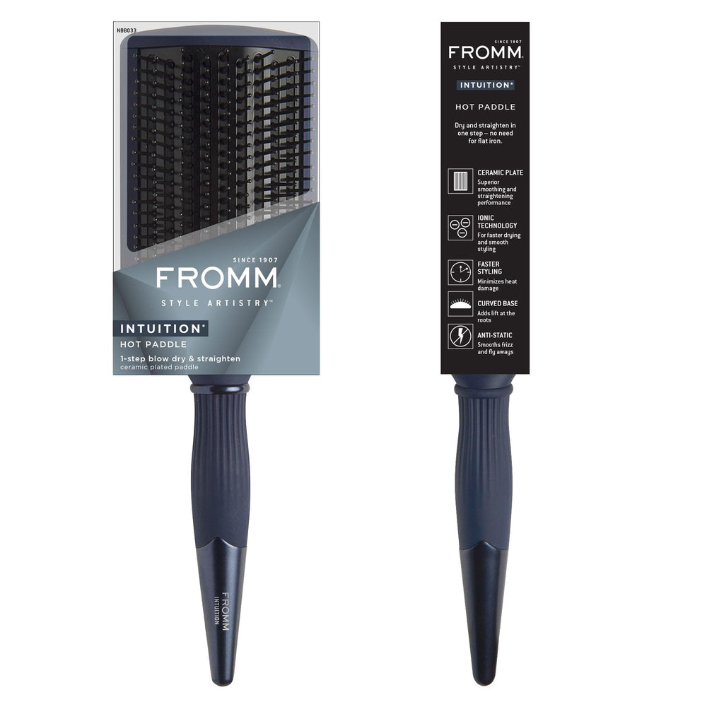 Fromm Intuition paddle brush shown as travel-ready styling tool on the go.