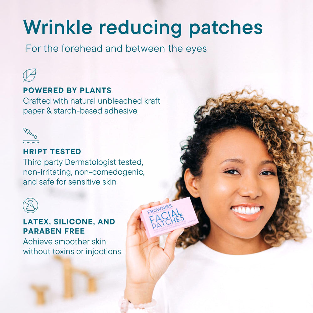 Frownies between-the-eyes patch placed on skin to smooth lines gently.