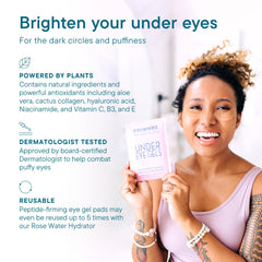 Frownies under-eye gel patches applied under the eyes for gentle smoothing.