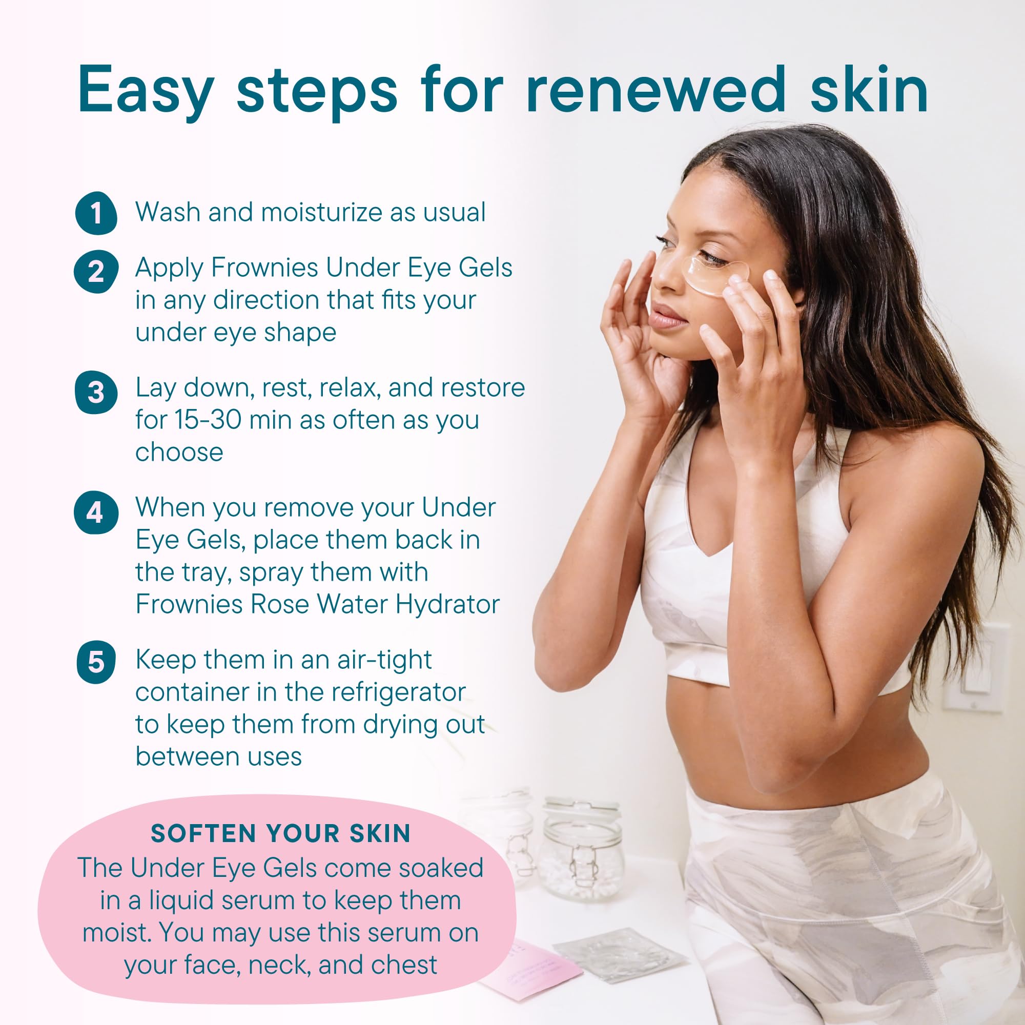 Frownies patches on clean skin for a 15-30 minute treatment.