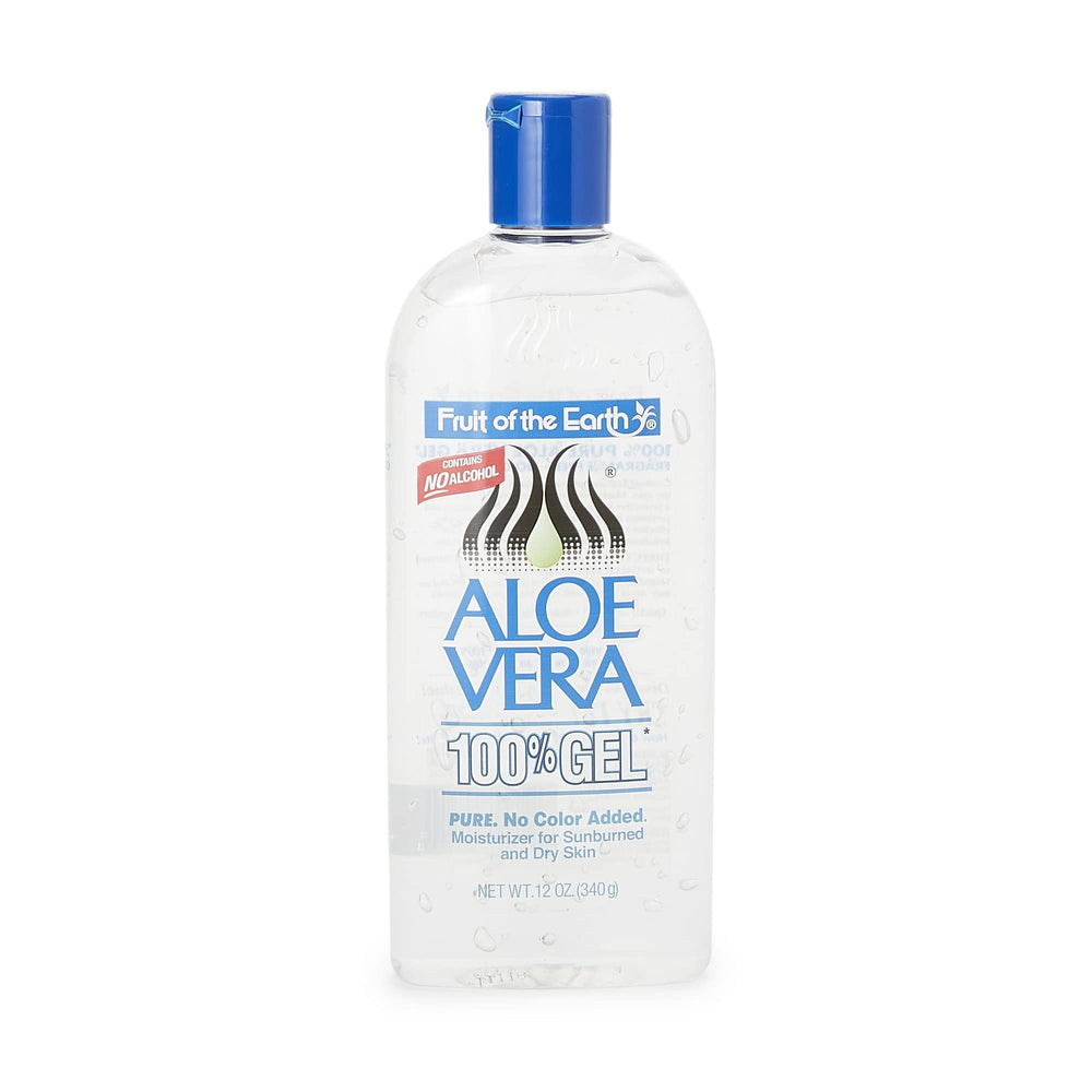 Fruit of the Earth Aloe Vera gel bottle for pure hydration and cooling relief.